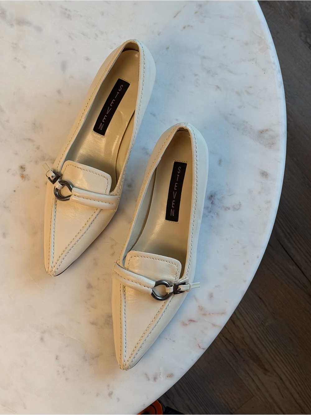 Steven By Steve Madden Cream Pointed-Toe Loafers with Metal Ring Detail